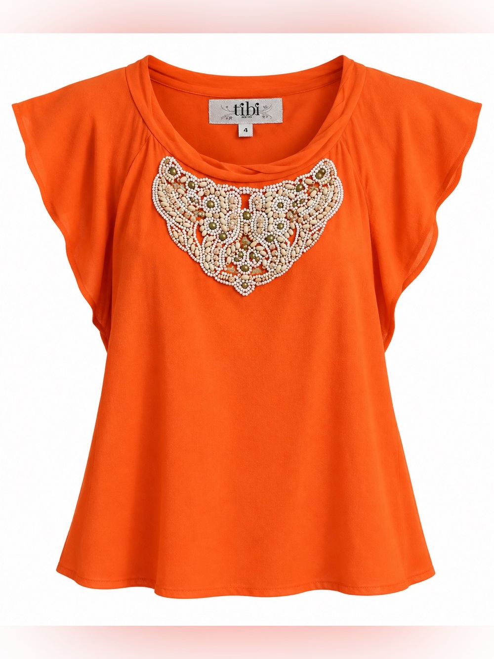 TIBI New York 100% Silk Embellished Pearl Flutter Sleeve Blouse Size 4